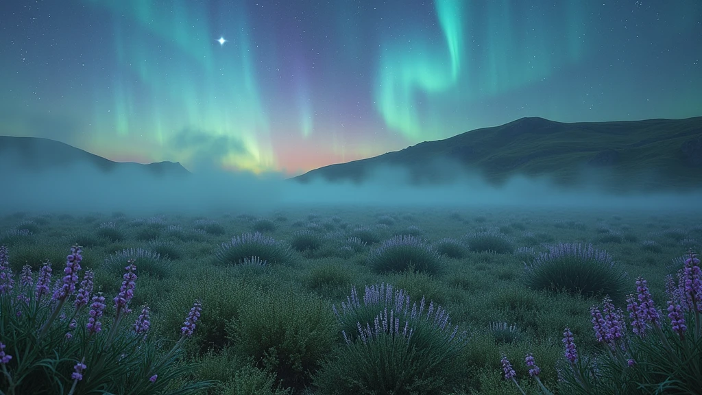 A blooming heather field is drowning in pre-dawn mist, the eastern horizon brightens, the sun has not risen yet, a ribbon of polar lights dances in the sky, in the pre-dawn sky and through the aurora borealis the stars are visible as pale dots, high above the horizon one azure star burns brightly