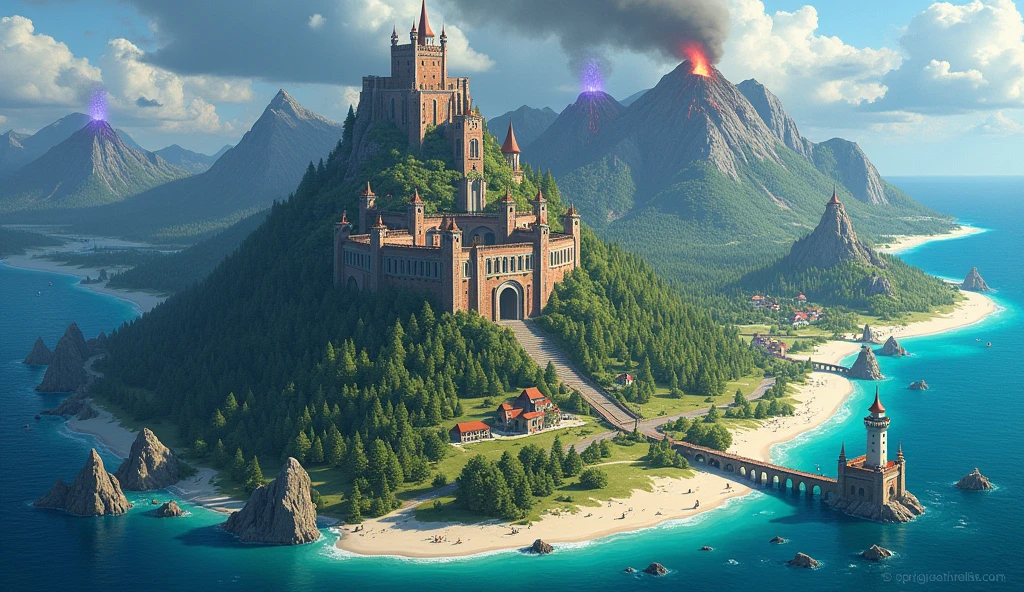 epic fantasy isometric continent. In the center, include a majestic medieval fortress surrounded by a dense pine forest. To the northeast, add a volcanic mountain with lava flowing from its peak. In the east, place a magical tower with a glowing blue energy dome. In the northwest, incorporate mystical purple crystals emanating a magical light. Along the southern coast, depict white sandy beaches, steep cliffs, and a solitary lighthouse. Include rivers winding through the land, passing through picturesque villages and stone bridges. Add rocky islands scattered throughout the sea. Ensure the image has a sense of adventure and mystery, with a blend of natural and fantastical architectural elements.