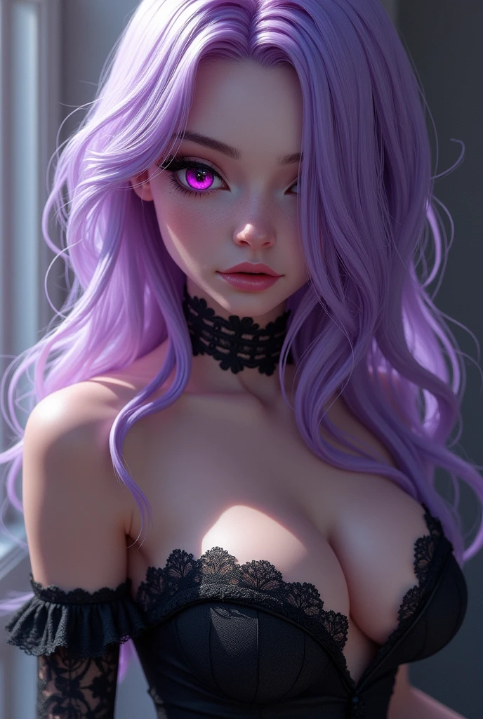 A beautiful woman with magenta eyes and light violet hair, large breasts, black cornea on her left eye. Beautiful. Her clothes are black and her arms are white. Her hair covers the left part of her eye.  Her hair covers the left part of her eye. 