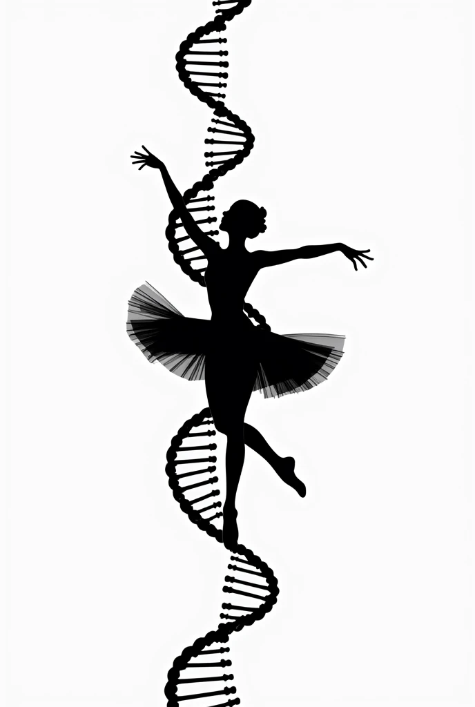  black and white vector drawing of a ballerina using the provided silhouette, transforming it into a design that integrates the structure of a DNA helix. This will combine the elegance of the ballet pose with the scientific elements of DNA. Please hold on.