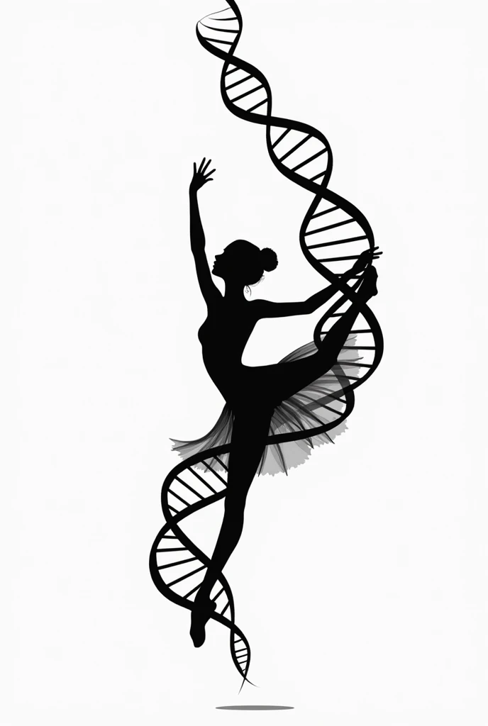  black and white vector drawing of a ballerina using the provided silhouette, transforming it into a design that integrates the structure of a DNA helix. This will combine the elegance of the ballet pose with the scientific elements of DNA. Please hold on.