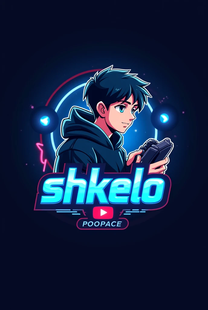 This is a gaming logo that features the name "SHKELO" in a futuristic font and a neon blue color. and Boy Anime avtar, The logo also has a stylized controller icon and a YouTube play button in the background. The logo is designed to be attractive and eye- catching, and to appeal to gaming enthusiasts and YouTube viewers Ihone