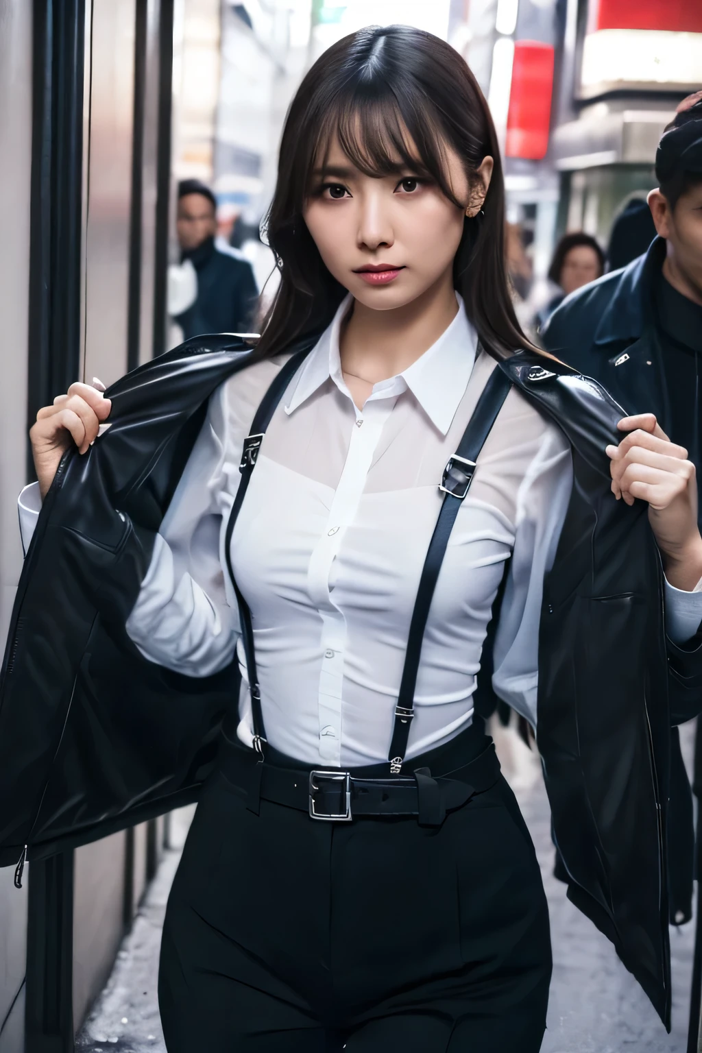 a woman in a suit, belt, hands behind back, sweating, suspenders, black pants, sexly, large breasts, see-through clothing, rain, detective, office worker, white button-up shirt, (best quality,4K,8k,highres,masterpiece:1.2),ultra-detailed,(realistic,photorealistic,photo-realistic:1.37),hyper-detailed,highly detailed face and body, Slender　thin　suspenders　Moderate breasts　See-through shirt　Nipples　holster　chain　Pistol　Armament　criminal　Female criminal　knife　　profile　Japanese women　arrested handcuff　belt
