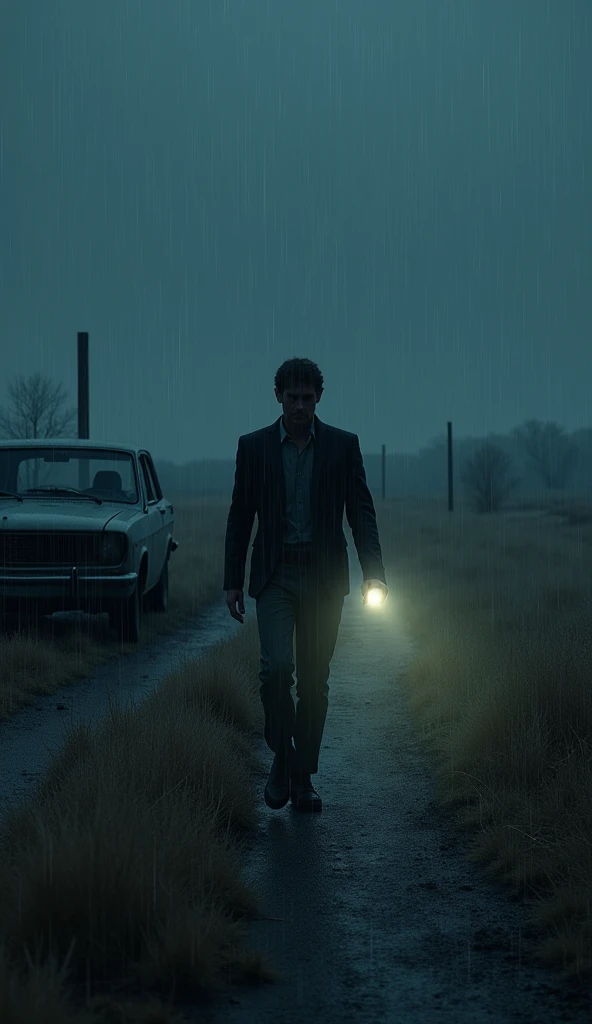man walking And he leaves  beside  car in deserted country place in rain in middle of night holding flashlight