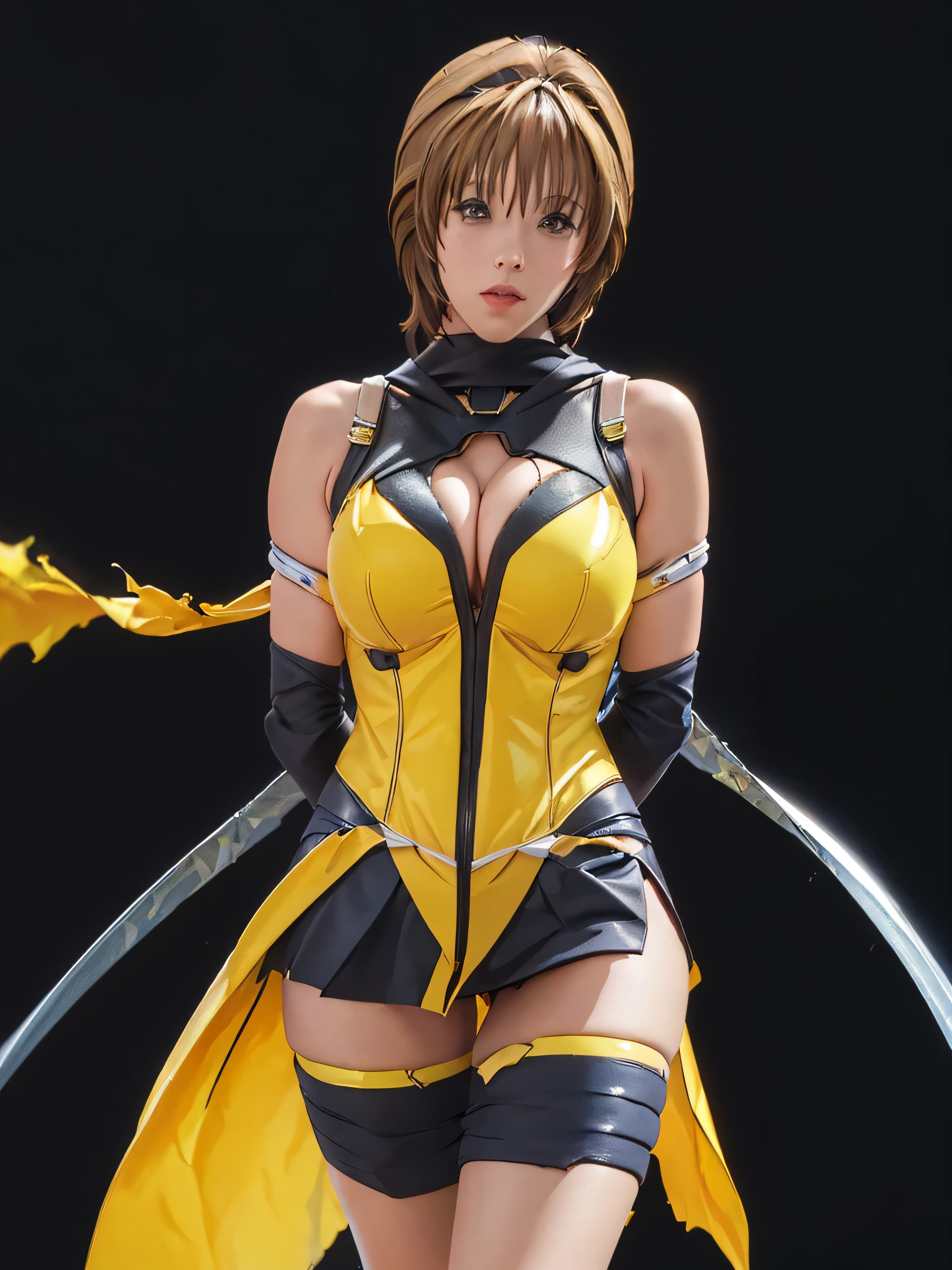 takamori haruka、最high quality、high quality,, ((Masseter muscle area)), ((High resolution)), ((最high quality)), ((Ultra-realistic texture)), detailed, ((Glowing Skin)), (Shiny Yellow Bondage, Ripped black hot pants, Black muffler), Big Tits:1.5, Voluptuous bust, exposed navel, Bowl-shaped big breasts, (View from the front, Looking at the audience:1.5)、((background:Inside the futuristic facility:1.4))