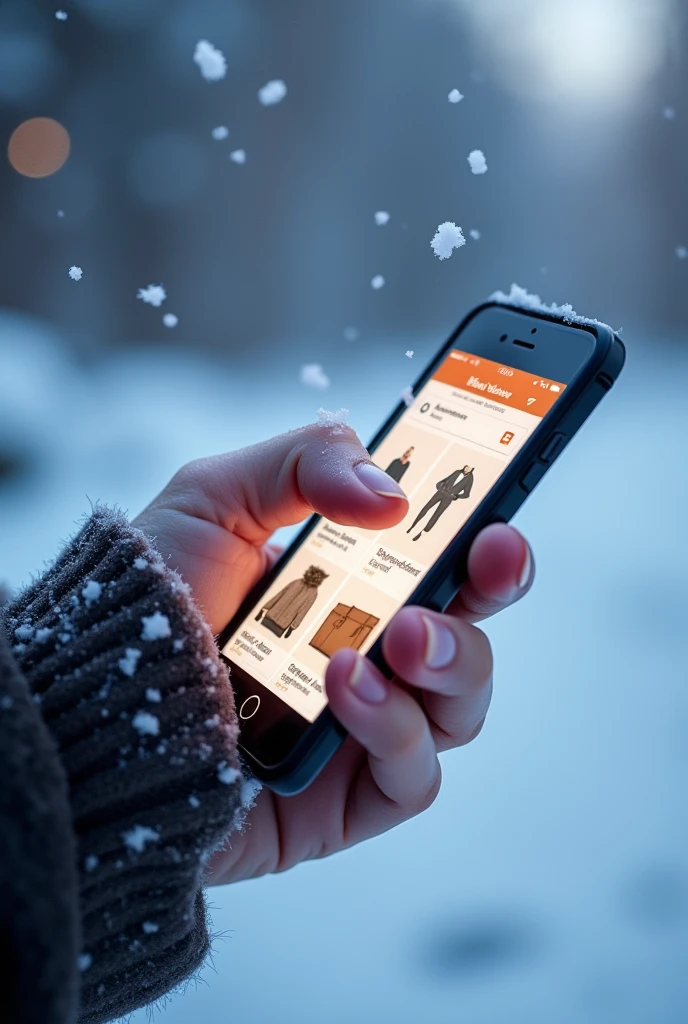 Plan montrant un téléphone avec lapplication Vinted ouverte, en train de parcourir les articles 
Cette scène se deroule un jour dhivers 
