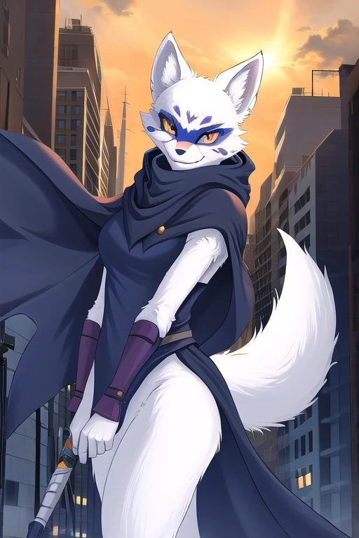 Alopex, arctic fox, furry, blue marks face, tmnt, smile, orange eyes, girl1, solo, city, cape, cloak, Kunoichi Outfit, best quality, masterpiece, standing