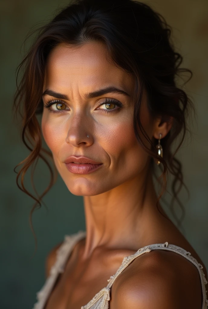 portrait d'une femme de 40 ans avec des imperfections sur le visage. Regard seducteur