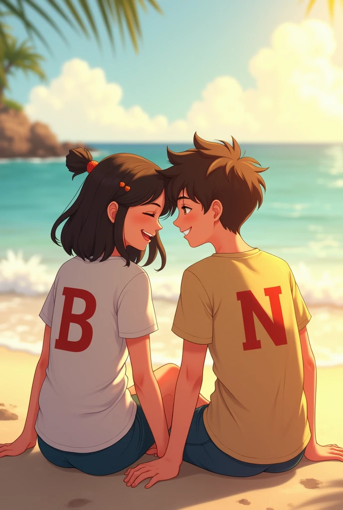 a girl that has letter B on the back of her t-shirt is sitting at the beach while smiling to each other with a boy that has letter N on the back of his t-shirt patting the girl's head