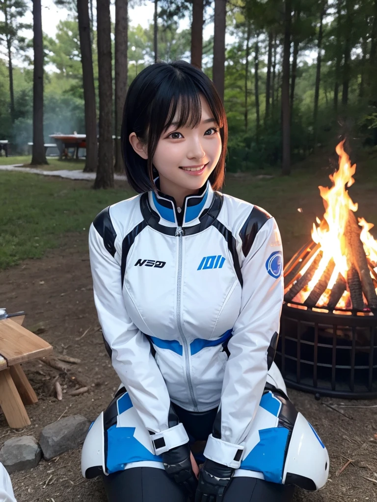 Japanese female android,Black Hair,White and blue robot suit,Plump,Watching the campfire at the campsite,smile