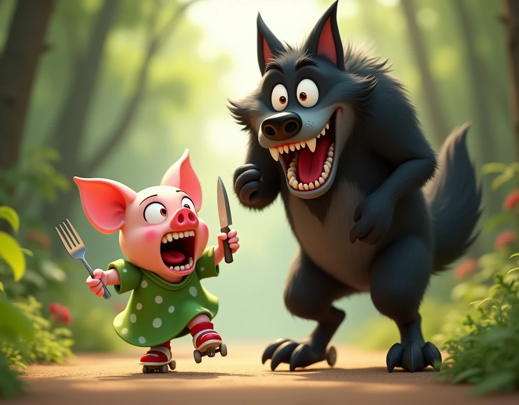 pixar style, 3d, 1scared cute piglet and 1big tall black wolf, the cute piglet is in front and on right side screaming loudly in fear while moving fast on her rollerblades, the piglet is wearing green dress with white polka dots. The big tall black wolf is on the left side much behind the piglet and looking at the piglet laughing scarily. The wolf is hand drawn whimsical, cartoonish furry black wolf with large, expressive orange eyes, and exaggerated facial features with canine teeth, long jaw, stands with a mischievous, wide-eyed grin, holding a fork in one hand and a knife in other hand. The fox's fur is dark black with tufts of fur adding texture and character. Its mouth is open wide with a comically large tongue sticking out, adding to its playful and mischievous appearance. The overall style is highly detailed with a touch of (hand-painted quality:1.4), focusing on exaggerated expressions:1.3, vibrant colors, and a humorous, light-hearted mood.The setting is of a jungle in bright day light, game button art, Game illustration, lovely digital painting, artstation for kids art, Official artwork, key art, mobile game art, cover game art, zootopia concept art, (soft lighting:1.3), (green and earthy color scheme:1.3), (highly detailed), (ultra quality:1.3), (masterpiece), (digital art), 8K resolution, HDR, depth of field, (soft shadows), (photorealistic:1.3), (animation:1.2), (by Greg Rutkowski:0.9), (in the style of Alphonse Mucha), trending on ArtStation, award-winning art, 3d style
