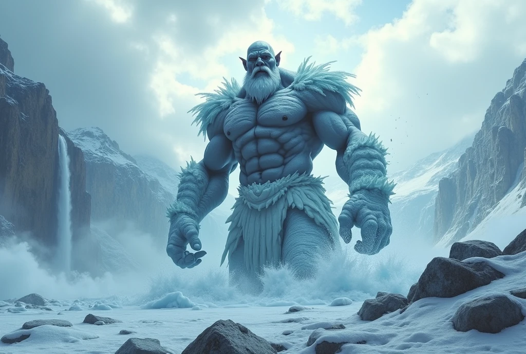 (Good structure),High dynamic range,ultra high definition,8k,gigante de ice,giant clan, barba, cloud, cloudy sky, day, facial hair, ice, male focus, Mountain, muscular, Muscular male,half buried in the ground,Covered in ice,Frozen in the body,shoulder armor,iceberg, outdoor, pectorals, pointy ears, rock, scar, sky, snow, Alone, splash, waterfall, by white,Incomplete body