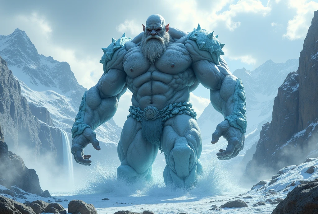 (Good structure),High dynamic range,ultra high definition,8k,gigante de ice,giant clan, barba, cloud, cloudy sky, day, facial hair, ice, male focus, Mountain, muscular, Muscular male,half buried in the ground,Covered in ice,Frozen in the body,shoulder armor,iceberg, outdoor, pectorals, pointy ears, rock, scar, sky, snow, Alone, splash, waterfall, by white,Incomplete body