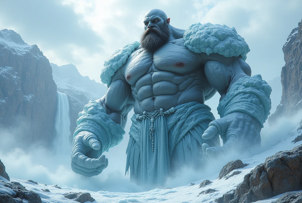 (Good structure),High dynamic range,ultra high definition,8k,gigante de ice,giant clan, barba, cloud, cloudy sky, day, facial hair, ice, male focus, Mountain, muscular, Muscular male,half buried in the ground,Covered in ice,Frozen in the body,shoulder armor,iceberg, outdoor, pectorals, pointy ears, rock, scar, sky, snow, Alone, splash, waterfall, by white,Incomplete body