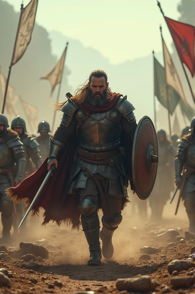 A man in war with many enemies attacks 