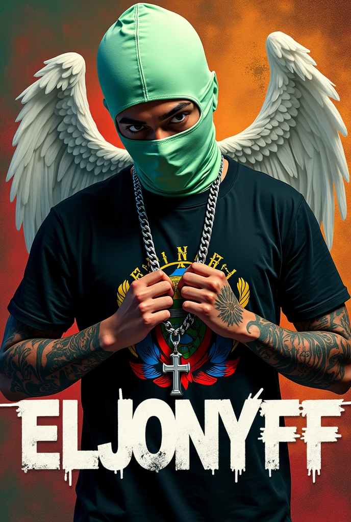 Create me a logo of a teenage rapper with a light green balaclava with a black shirt with a print of the Ecuadorian flag slipping a silver chain with a cross pendant around his neck with his hands and tattoos on his arms with hurt wings on the back of an angel and that below it says ElJONYFF in capital letters
