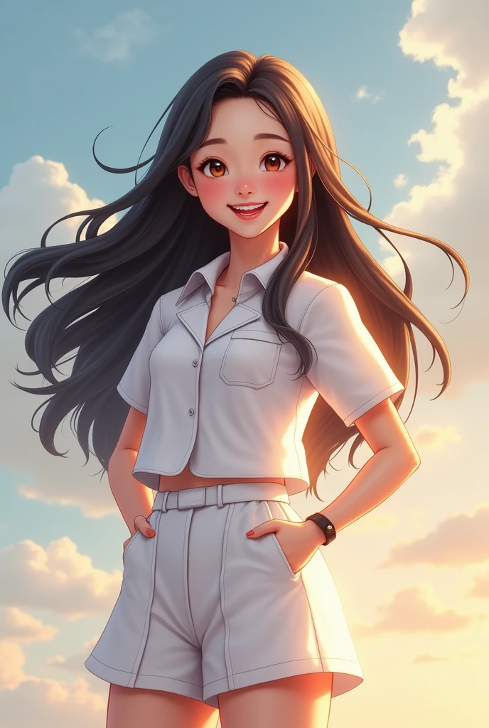 A Thai female woman with long hair Wear a white university uniform. she make a happy face, smile happily. and act happy pose