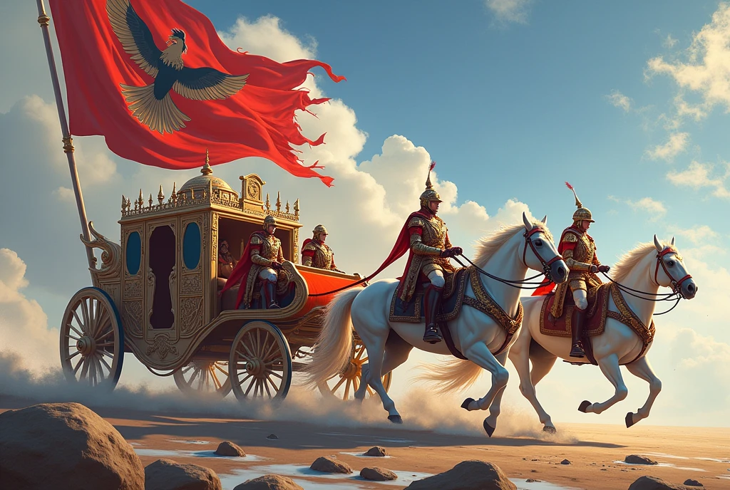 a majestic royal carriage, pulled by two magnificent white horses, ornate details, royal flag with falcon symbol, soldiers on horseback following the carriage, high fantasy, side view, hyperrealistic, 8k, cinematic lighting, dramatic atmosphere, vibrant colors, intricate textures, dynamic composition, masterpiece, by manhua comics