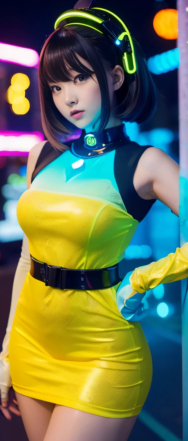Cool Cyber Idol Girl、whole body、Good style、、、、、、、、、、Thick legs、、Bee-covered Cyber Tight Dress（Fluorescent yellow and blue）、Cool girl face、、、、Glowing Cyber Beehive、Cybertown at night、Honeycomb Belt