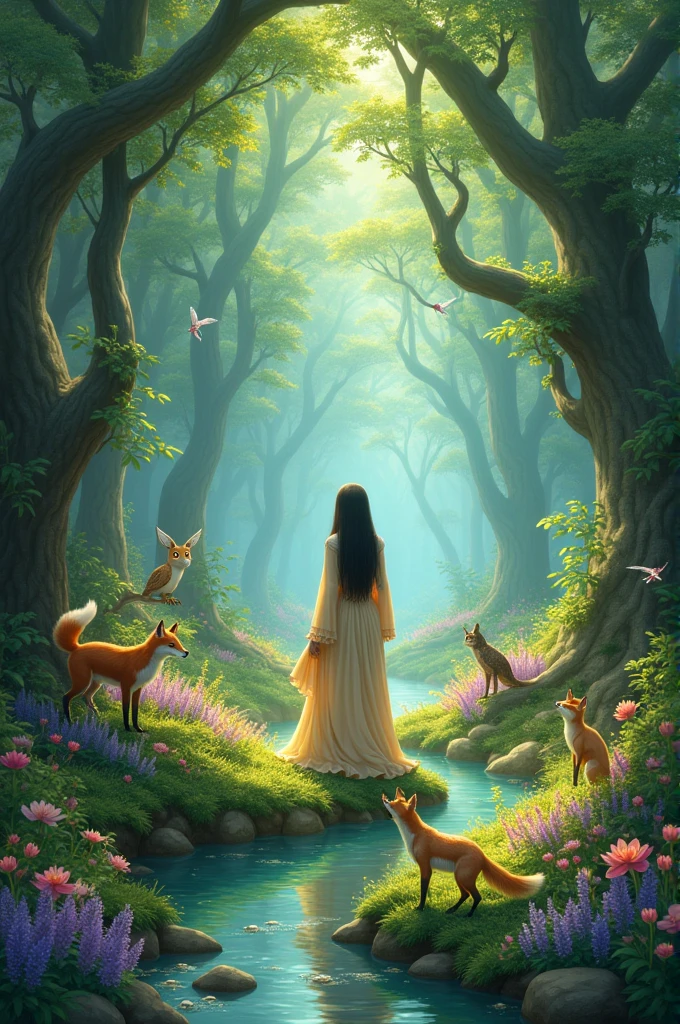 Encounter with Magical Creatures:Prompt: Inside the enchanted forest, Rajkumari Meera interacts with talking animals and sings with magical flowers. The creatures and flowers should be whimsical and colorful, adding to the enchantment of the scene.