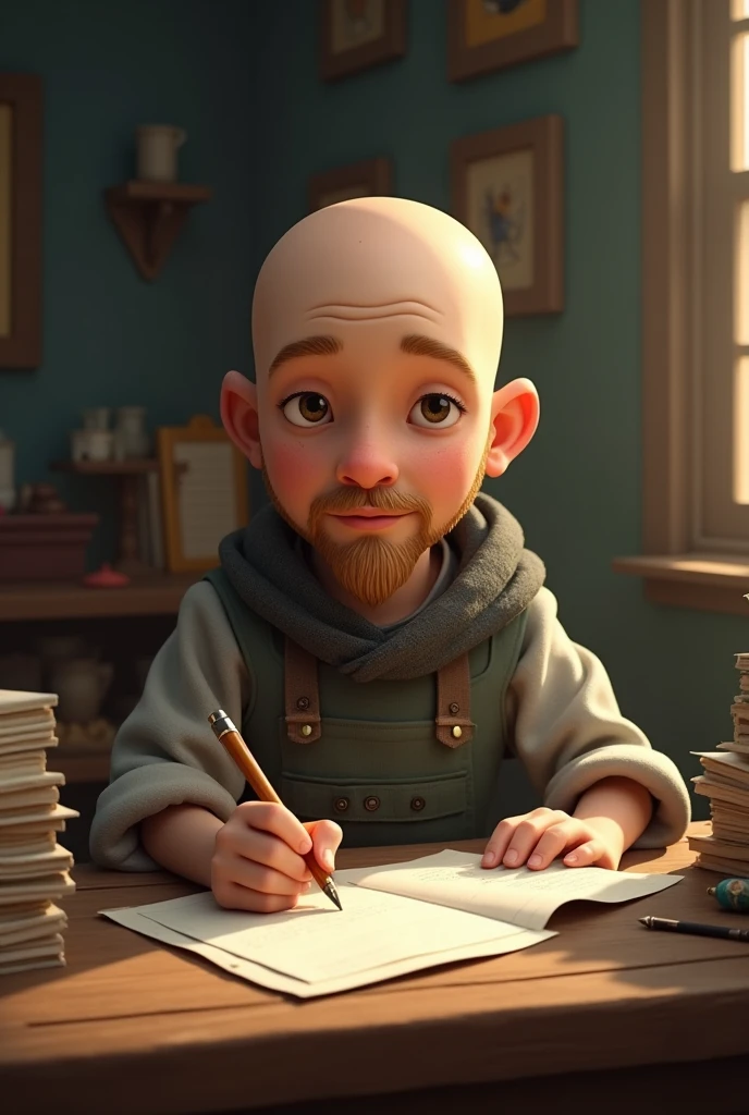 A light beard bald boy writing stories