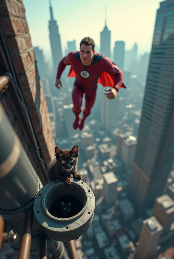 a very cool and muscular superhero similar to young Brad Pitt flies to save very small scared black kitten stuck in the drainpipe on the roof at the great height of a skyscraper at a great height and can't get free