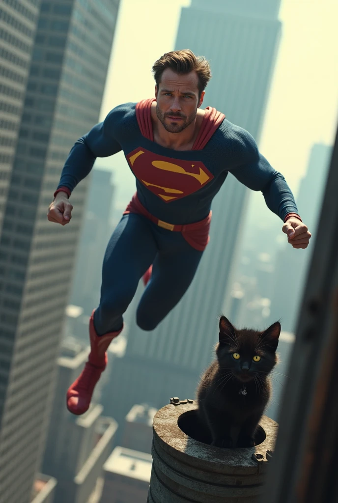 a very cool and muscular uperhero similar to young Brad Pitt flies to save
very small scared black kitten stuck in the drainpipe on the roof at the great height of a skyscraper at a great height and can't get free