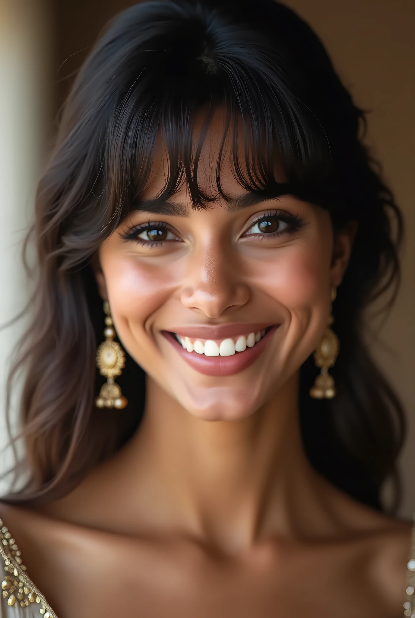 There is a young, Beautiful indian woman, who looks to the future like Katrina Kaif, Smiles into the camera, beautiful teeth, She looks into the camera, a portrait from raw photo, body, conservative modern europen color dress, ((hair Curtain Bangs),