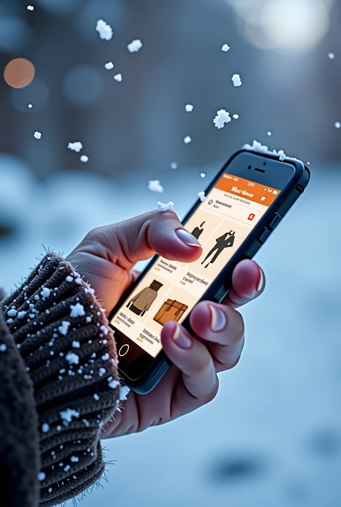 Plan montrant un téléphone avec lapplication Vinted ouverte, en train de parcourir les articles 
Cette scène se deroule un jour dhivers 