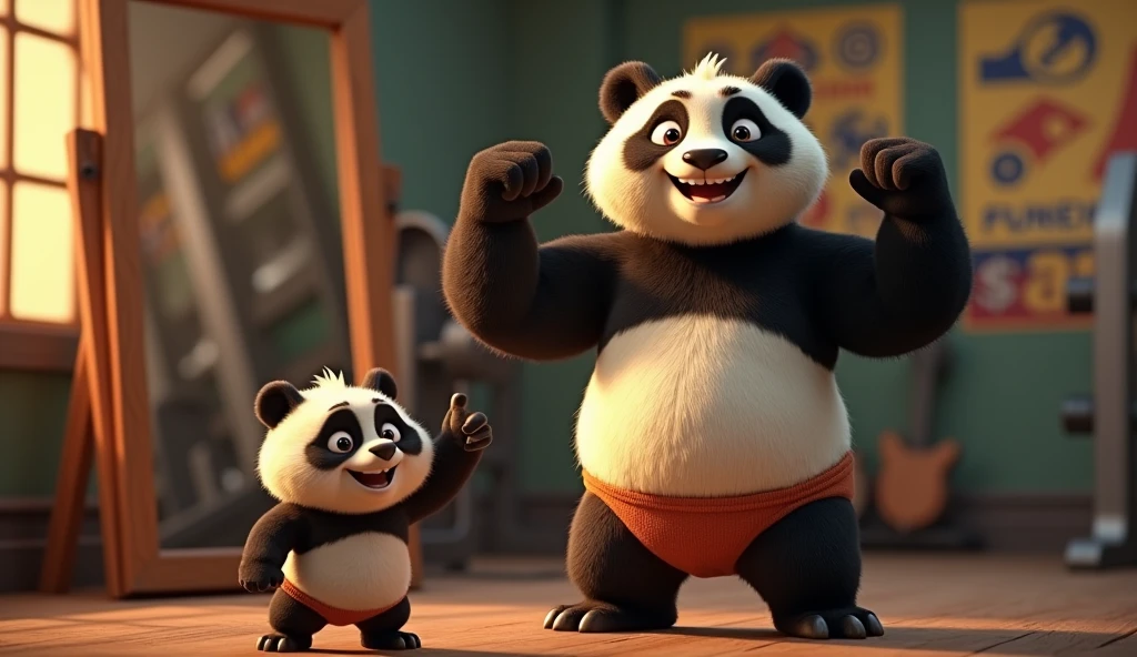 A 3d animated movie shot. Pandu, a young panda,
Pandu, now a well-defined and muscular panda, is shown proudly showcasing his fit physique. He’s standing confidently in front of a mirror, flexing his muscles with a big smile. Gondi Bhai, looking impressed and supportive, stands beside him, possibly giving a thumbs-up or congratulating Pandu. The gym background highlights the transformation, with exercise equipment and fitness posters. The atmosphere is celebratory, emphasizing Pandu's hard work and success in achieving a bodybuilder’s physique.