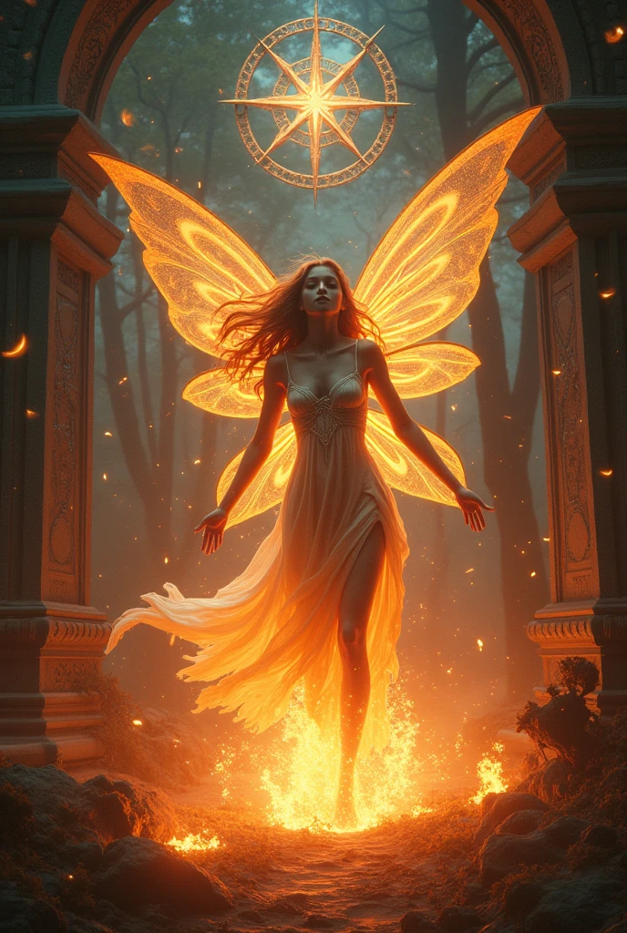 masterpiece、 Highest quality, Highly detailed、8k、 High resolution,  Fantasy、Arcana Cards、Fire、Fairy、