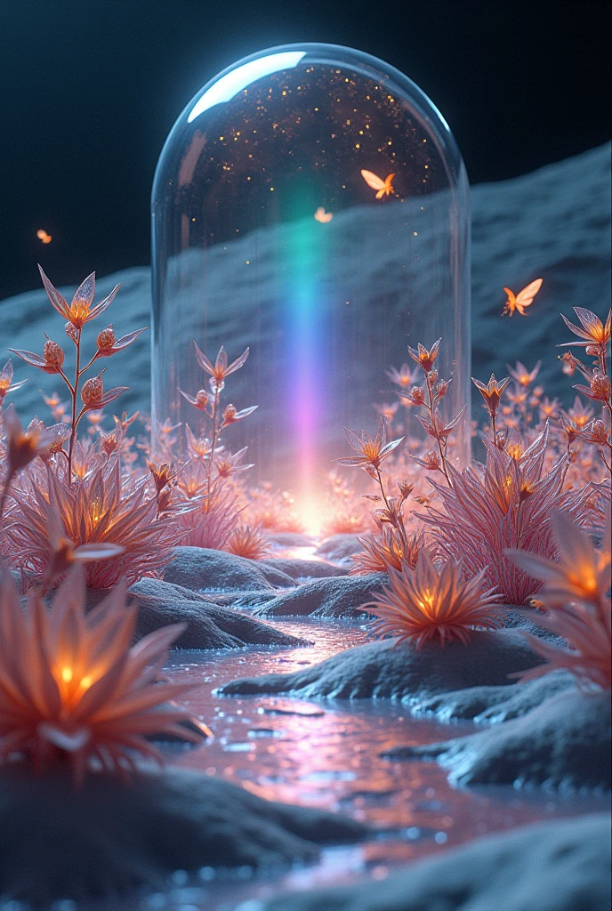 Moon Glass Garden: "Imagine a vast garden on the moon, A plant made entirely of glass. Each flower and leaf refracts sunlight, A rainbow on the surface of the moon. The garden is covered with a translucent dome.、Protected from the harsh vacuum of space。, And in it, The air is flickering with light particles. Plants grow in complex ways, Geometric pattern, and small, Glowing insects pollinate flowers, The faint sound of their wings flapping echoes through the dome.."

