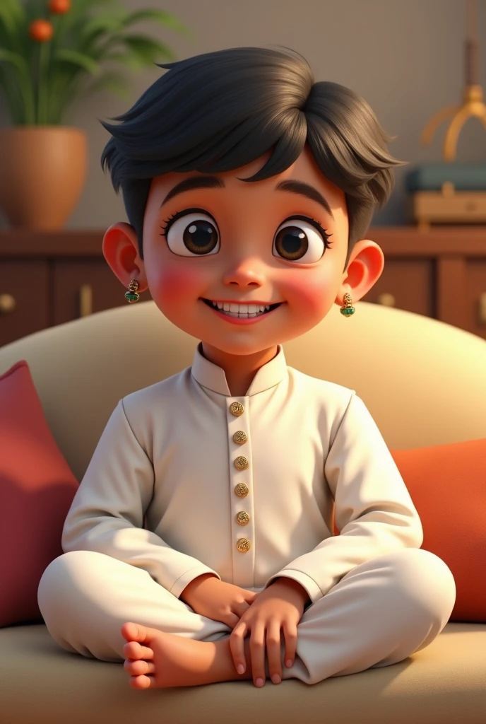 boy wearing kurta pajama white colour and setting on a sofa and smiling and too much too much gaps in him teeths and also write Kherra and chukka in him left or right