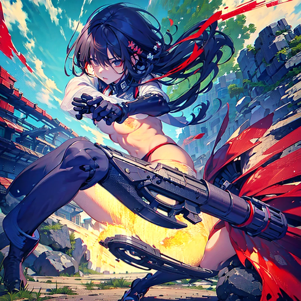 (masutepiece, Best Quality), (Perfect athlete body:1.2), (detailed hairs), Ultra-detailed, Anime style, Full body, Cyberpunk Ninja Gunner Girl, Wearing Techwear, Red Accessories, Wielding a huge high-tech gun, Black and white hair, stew, Mechanical arm guard, Wear high-tech boots, 8K High Resolution, trend artstation, White background, Standing in the wasteland, Whole body,