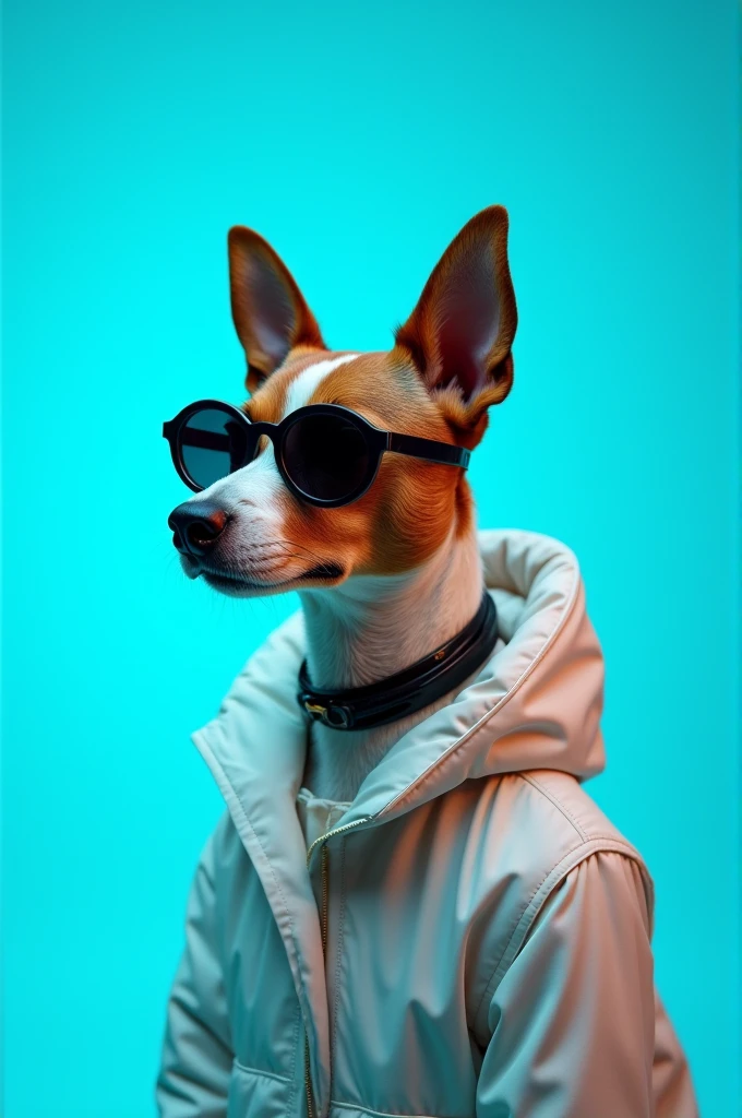 The best cell phone wallpaper, Award-Winning Wallpaper, portrait photography, In the front view is a portrait of a cute dog wearing mid-1960s space age fashion, Side view photo, Shot with Canon EOS R5, Set a strong contrast that accentuates the subject, Fluorescent blue tone, Wearing a very modern coat and sunglasses is a modern 1960s style, Clothes all in one color, beautiful background