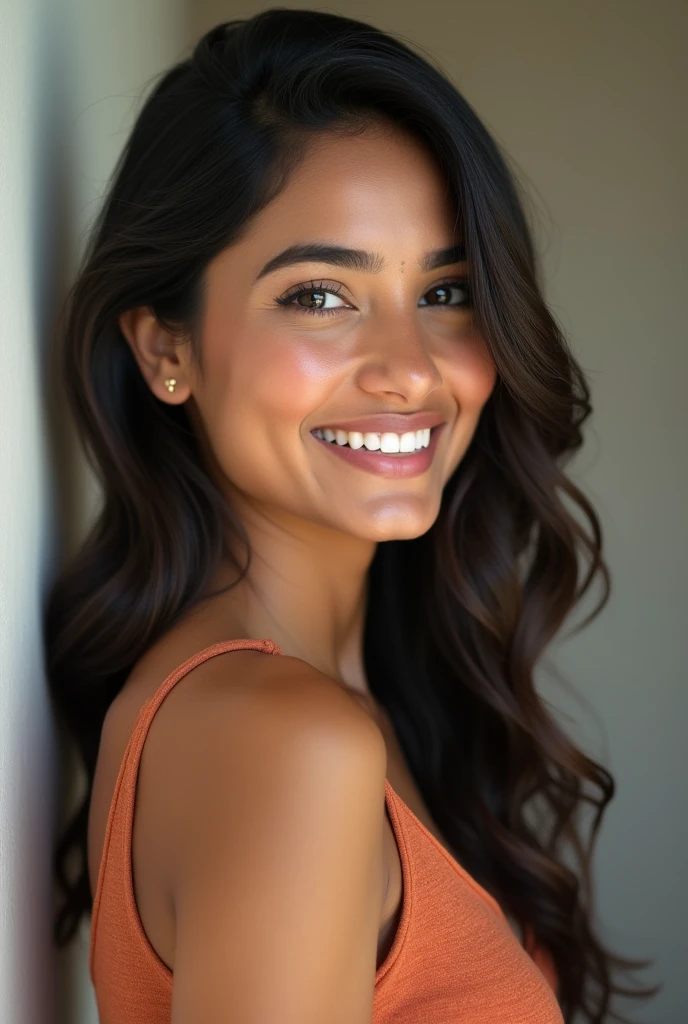 There is a young, Beautiful indian woman, who looks to the future like Katrina Kaif, Smiles into the camera, beautiful teeth, She looks into the camera, a portrait from raw photo, body, conservative modern europen color dress, ((hair Side-Swept Bangs),