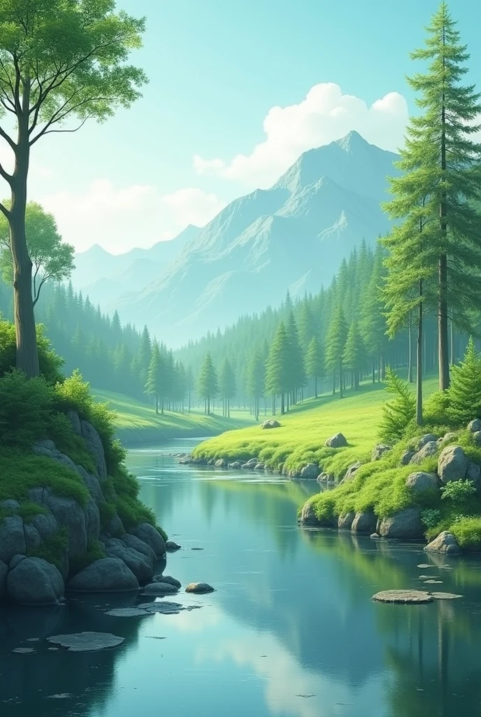serene forest scene with lush green trees, a gentle river winding through the landscape, and distant mountains