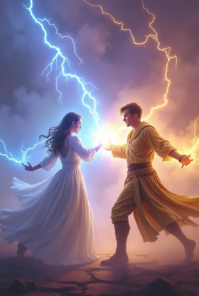 A lady and a man shooting thunder out of their hands and trying to kill and shock each other from 8 meters away fro. Each other and the lady will be shooting blue thunder and the man will be shooting golden thunder
With straight arm facing each other and both of them are protecting themselves the lady will be wearing a white dress and the man will be wearing a ancient golden clothing the man will be having hort hair like flicks and both of them are british so they are white and remember they are trying to kill each other and their is purple and pink mist in the sky
