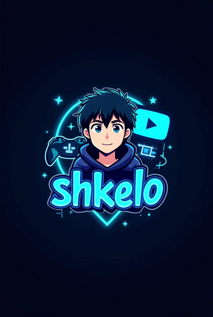 This is a gaming logo that features the name "SHKELO" in a futuristic font and a neon blue color. and Boy Anime avtar, The logo also has a stylized controller icon and a YouTube play button in the background. The logo is designed to be attractive and eye- catching, and to appeal to gaming enthusiasts and YouTube viewers Ihone