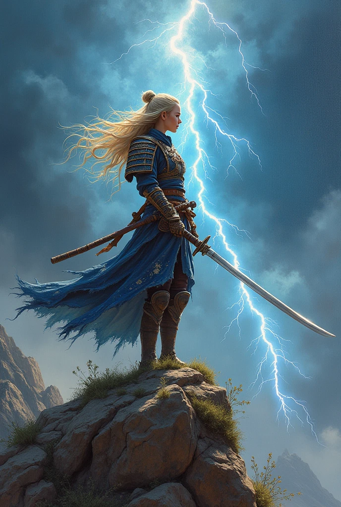 (establishing-shot:1.5), masterpiece, best quality, , ((intricate)), oil on canvas, (dry brush illustration of (1girl) (solo) warrior )(blond hair),(perfect face), torn (kirin armor),wielding katana, (samurai stance), (standing on a mountain mesa), lightning storm, methurlant,