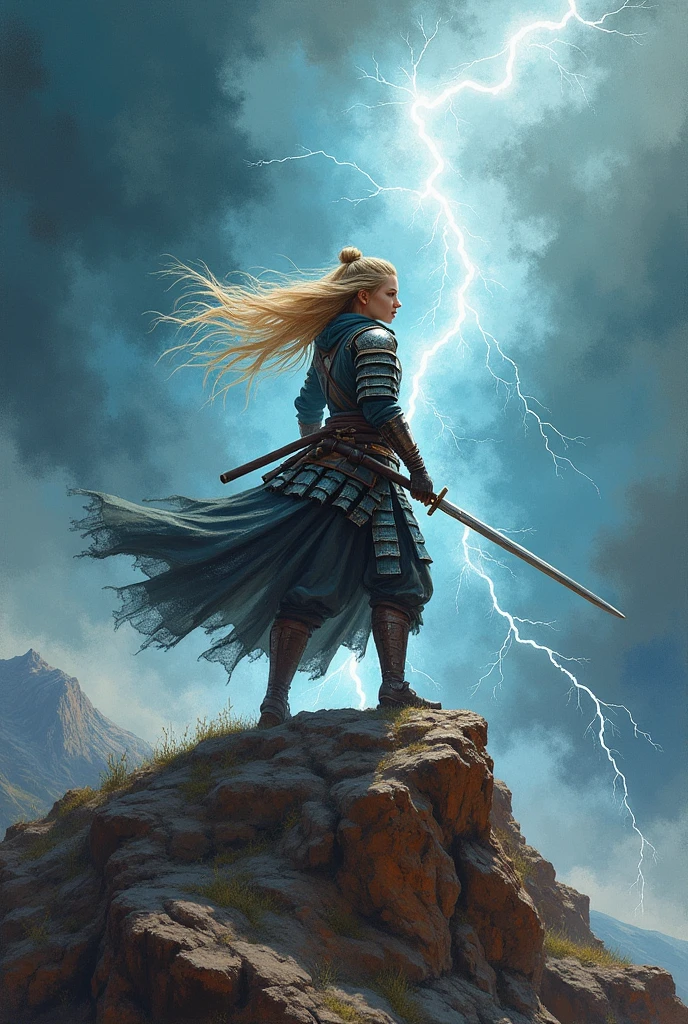 (establishing-shot:1.5), masterpiece, best quality, , ((intricate)), oil on canvas, (dry brush illustration of (1girl) (solo) warrior )(blond hair),(perfect face), torn (kirin armor),wielding katana, (samurai stance), (standing on a mountain mesa), lightning storm, methurlant,