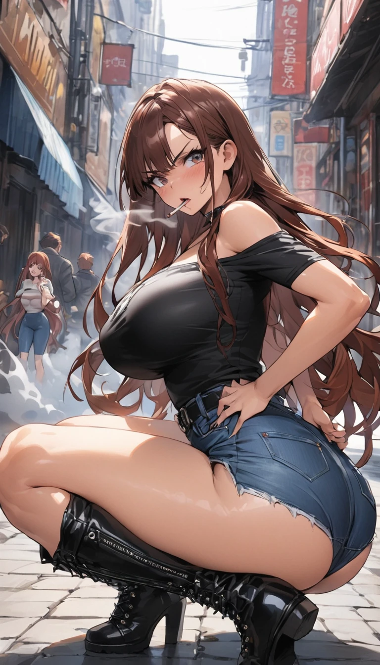 Ultra-high definition image quality、beautiful girl、Yankee girl、Reddish brown hair、Messy long hair、Gal、bustling street、Off-the-shoulder T-shirt、Tight denim skirt、Highest quality, Big Ass、Thighs、Big Boobs、High cut boots、Glare、Place hands on hips、intimidating face、Hold a cigarette in your mouth、Smoke from cigarettes、Punk Fashion、Stand with legs crossed、Squat with your legs apart、Satin panties