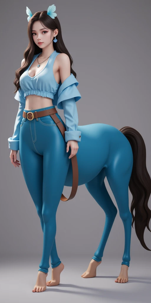 1Centaur Girl，Four-legged cowboy costume，Hands in pockets action，Wear tight trousers（(Skinny Cropped Pants: 1.6)）（Flesh-colored skin (Cynthia Sheppard),  Beautiful full body concept art, horse, smooth Fair and translucent skin, Pretty blue butterfly hair accessories and pale porcelain skin, Gu Weiss, Fair and translucent skin, Pale skin,,Ivory white skin, Light milky white porcelain skin，