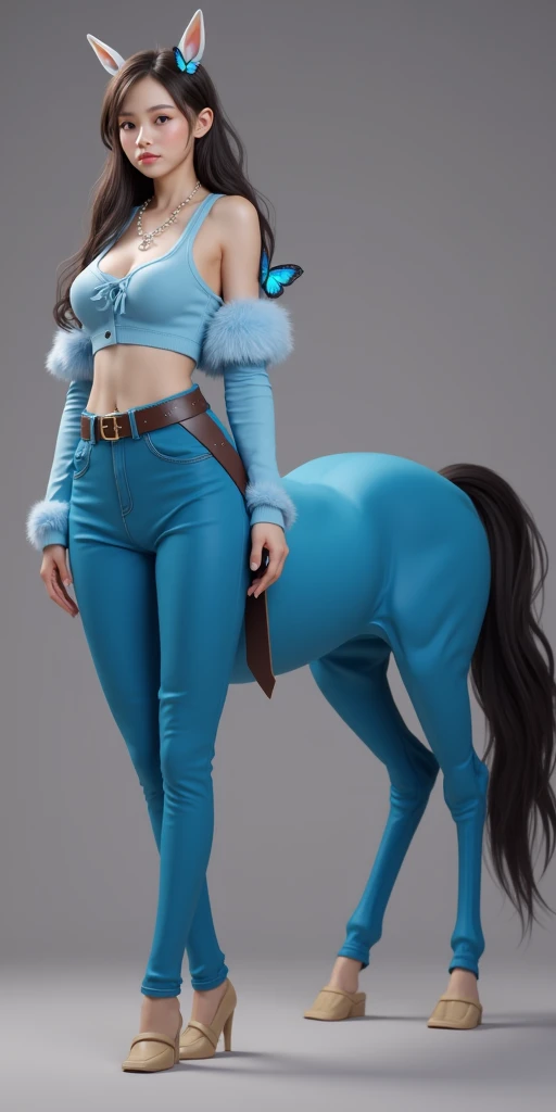 1Centaur Girl，Four-legged cowboy costume，Hands in pockets action，Wear tight trousers（(Skinny Cropped Pants: 1.6)）（Flesh-colored skin (Cynthia Sheppard),  Beautiful full body concept art, horse, smooth Fair and translucent skin, Pretty blue butterfly hair accessories and pale porcelain skin, Gu Weiss, Fair and translucent skin, Pale skin,,Ivory white skin, Light milky white porcelain skin，