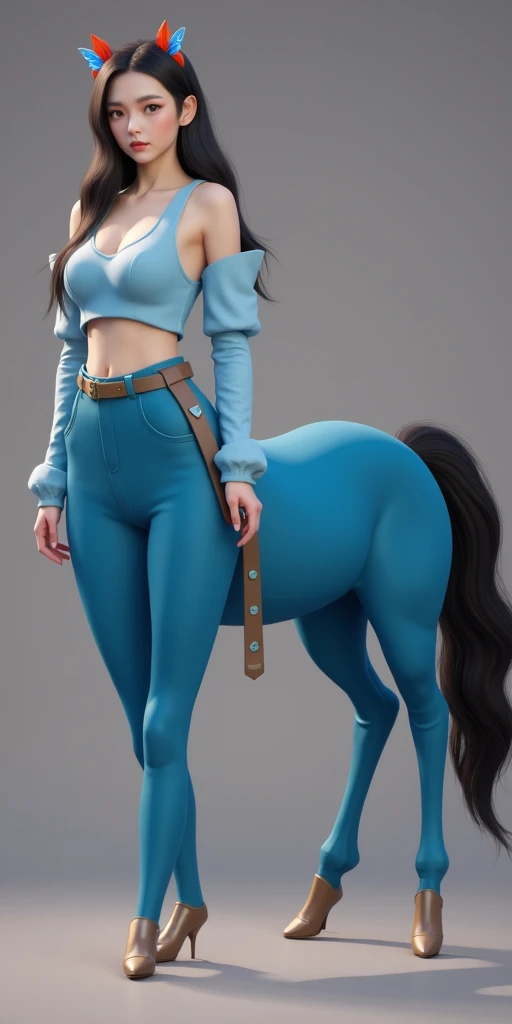 1Centaur Girl,Four-legged cowboy costume,Hands in pockets action,Wear tight trousers((Skinny Cropped Pants: 1.6))(Flesh-colored skin (Cynthia Sheppard), Beautiful full body concept art, horse, smooth Fair and translucent skin, Pretty blue butterfly hair accessories and pale porcelain skin, Gu Weiss, Fair and translucent skin, Pale skin,,Ivory white skin, Light milky white porcelain skin,