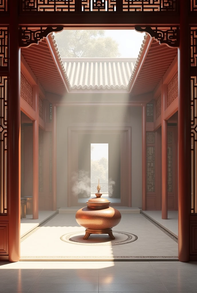 Nunnery in China,Elegant、clean、Where there is an incense burner,New Chinese style theater stage scenery design,Promising、Mid-shot、Canopy