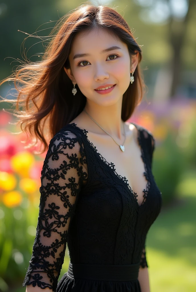 (Highest quality、 8k 、masterpiece、High resolution)、Young lovely woman、Ample breasts、Beautiful clavicle、Slender beauty、(Brown hair medium、My hair is blowing in the wind、Flows backwards)、whole body、 (Beautiful Face,Beautiful Eyes,Beautiful nose,Pretty lips)、(Earrings、silver heart pendant necklace)、(Feminine Style、3/4 Sleeve Lace Blouse、Black lace flare long skirt)、Her mouth opens slightly and a smile appears.、Dynamic pose、Outdoor、(garden、Colorful flowers)、looking at the camera、Professional Lightin