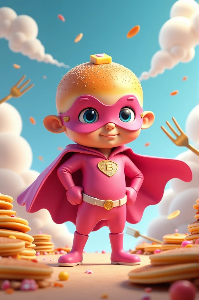 mascot for pancakes pancakes is the main character superhero in a pink suit 
