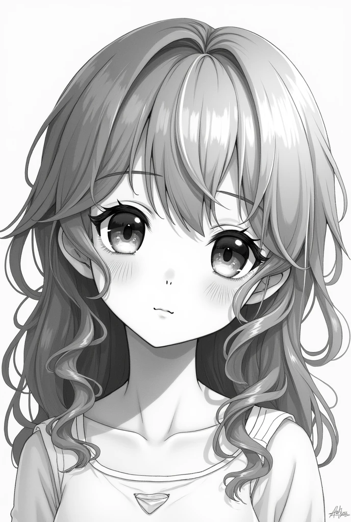anime b&w girl doe eyes flat nose long hair curly eyelashes