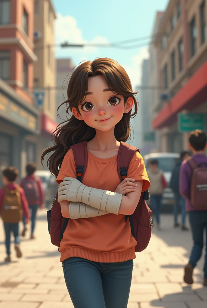 A girl going to school her hand is broke